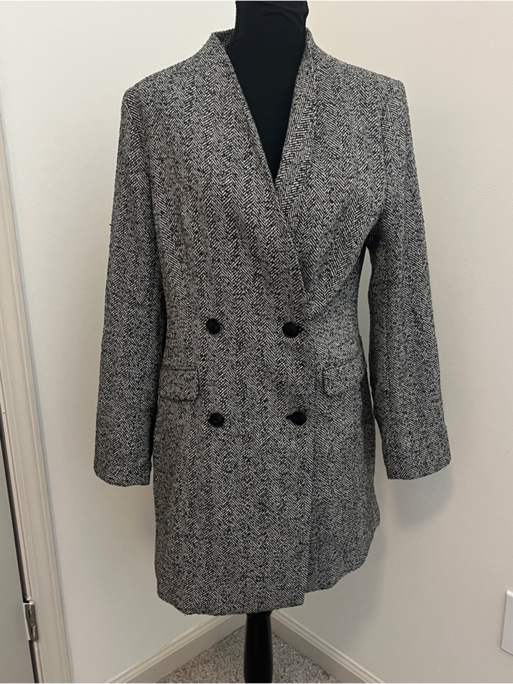 H&M Herringbone Double Breasted Blazer Coat Size M Black White Tweed Wool Blend